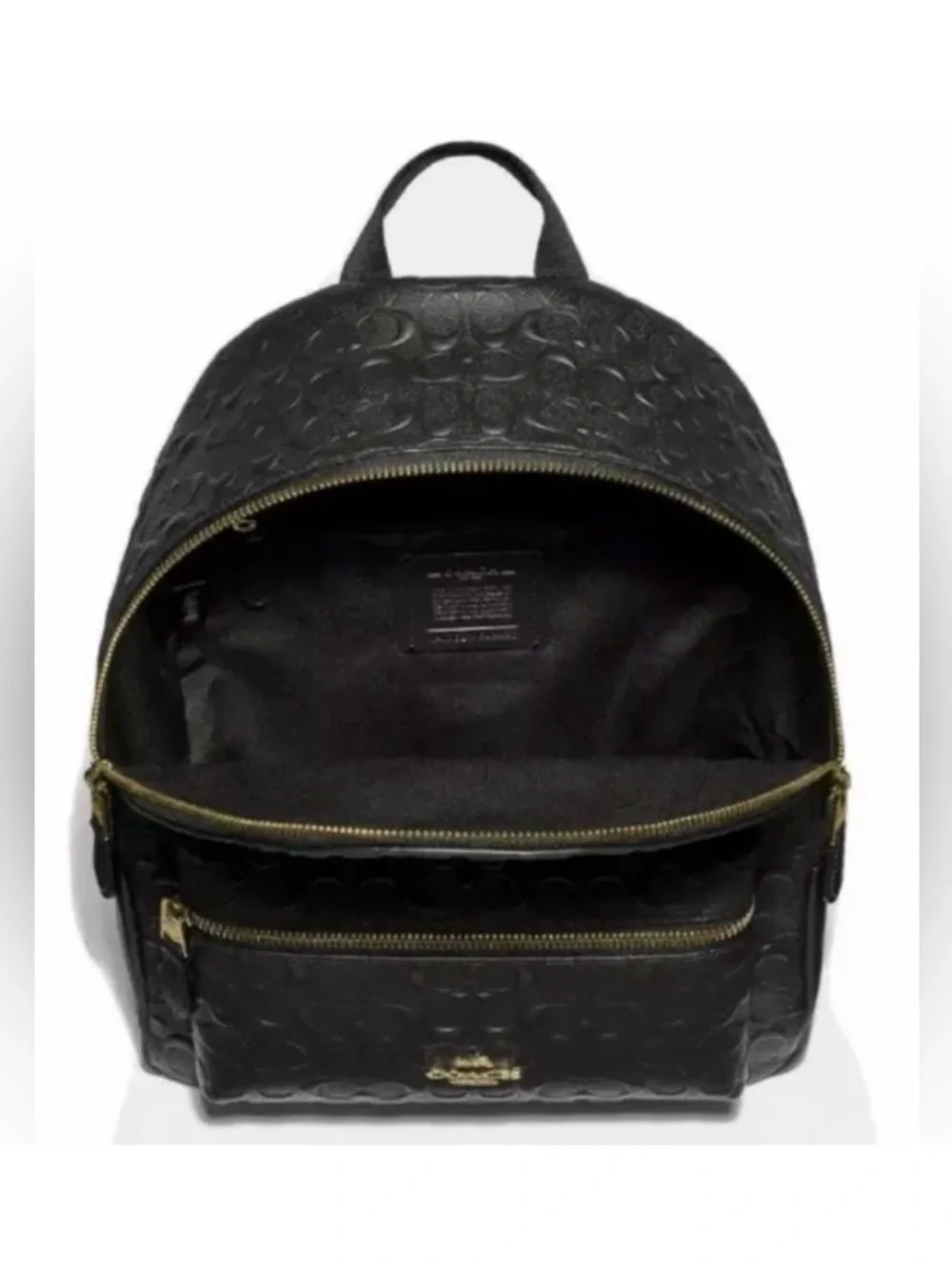 Coach Black Embossed Leather medium Charlie Backpack with Gold Hardware Accent